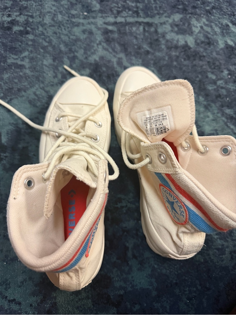 Converse Cream High-Top Sneakers with Blue & Red Stripe